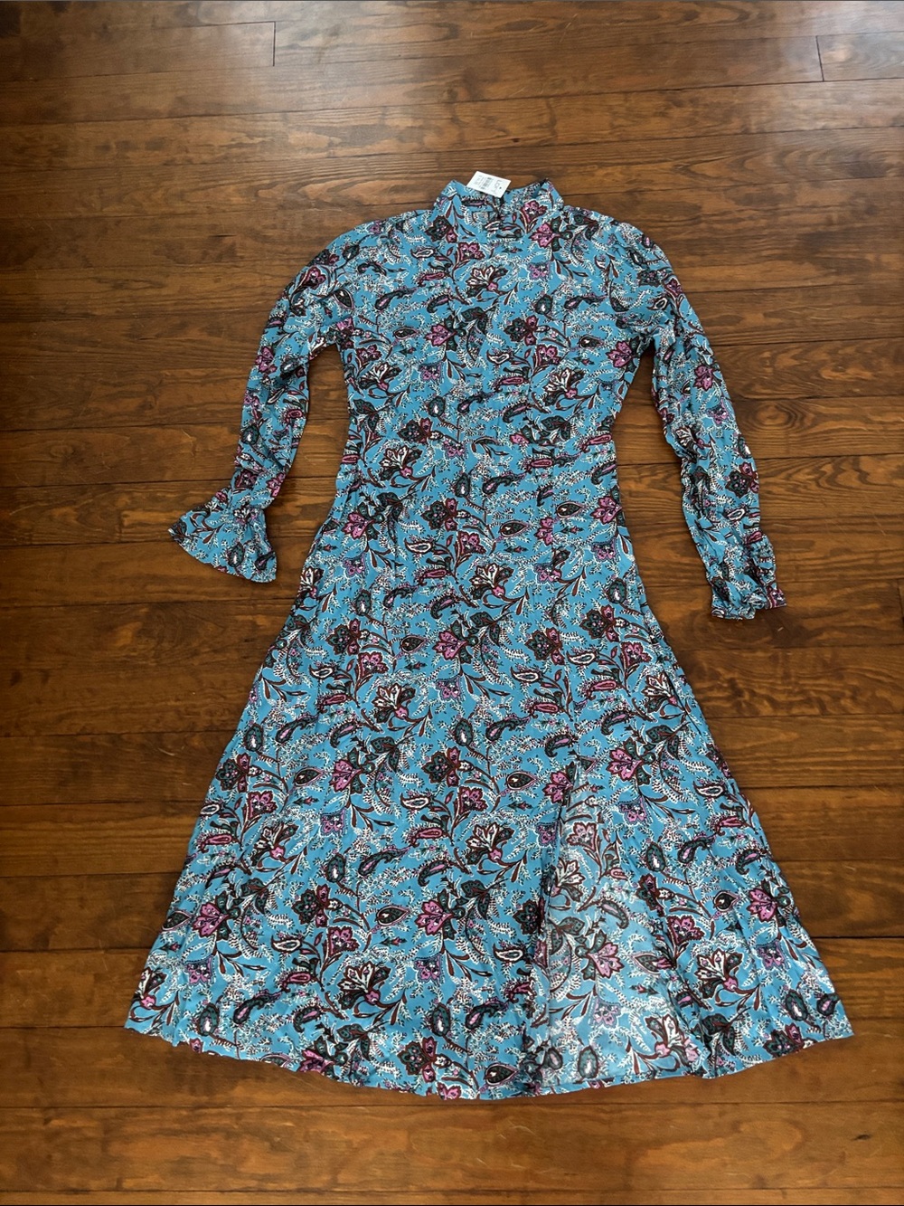 LOFT Blue Floral Long-Sleeve Midi Dress with Pink Accents